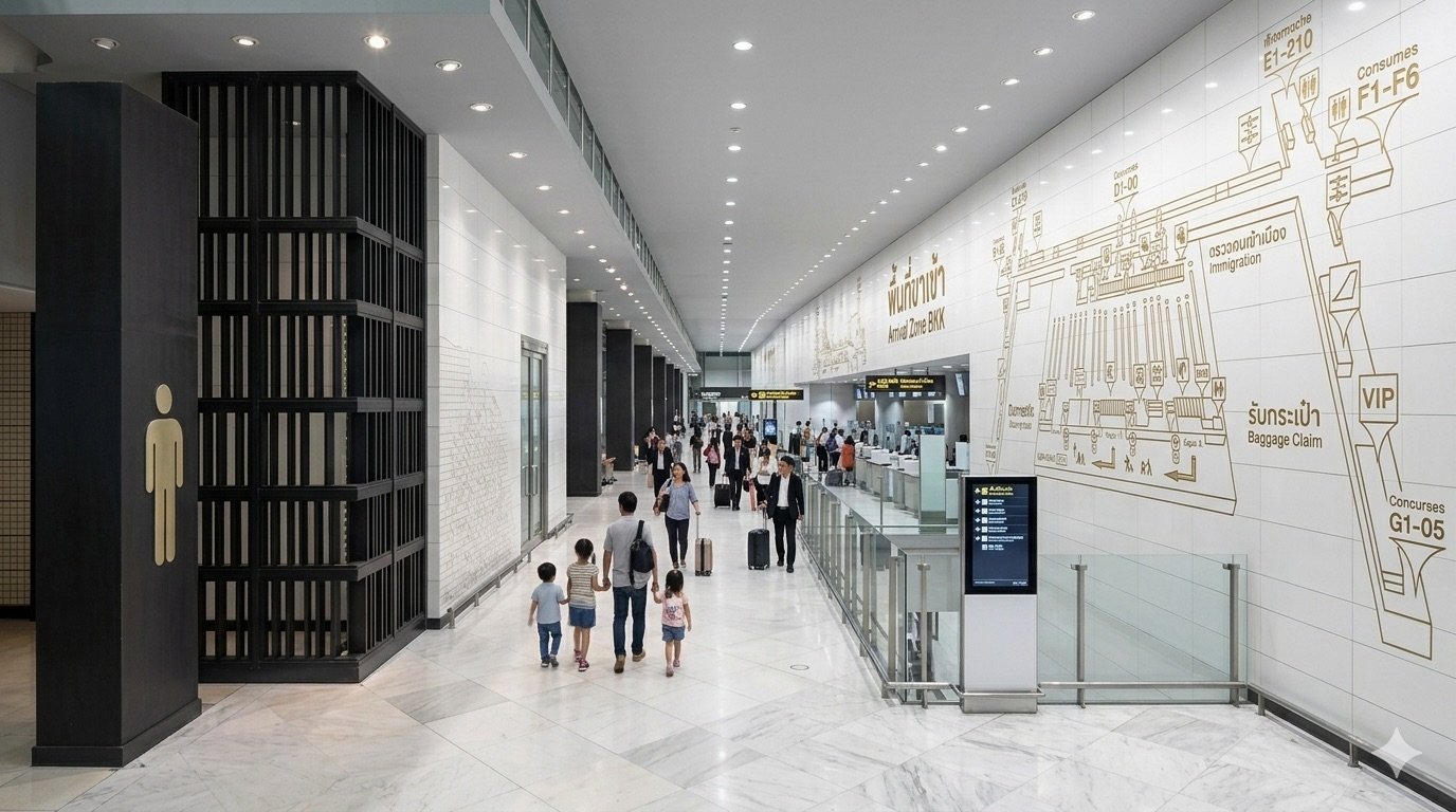 Suvarnabhumi Airport arrival zone and passport control — overhead view of immigration hall BKK
