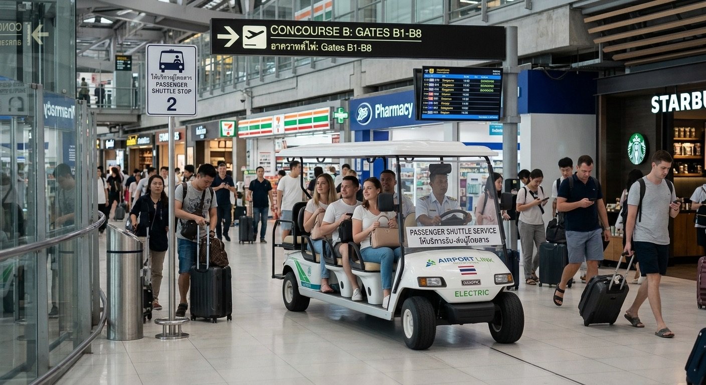 Airport buggy electric cart at Bangkok Airport — VIP Fast Track gate to immigration transfer